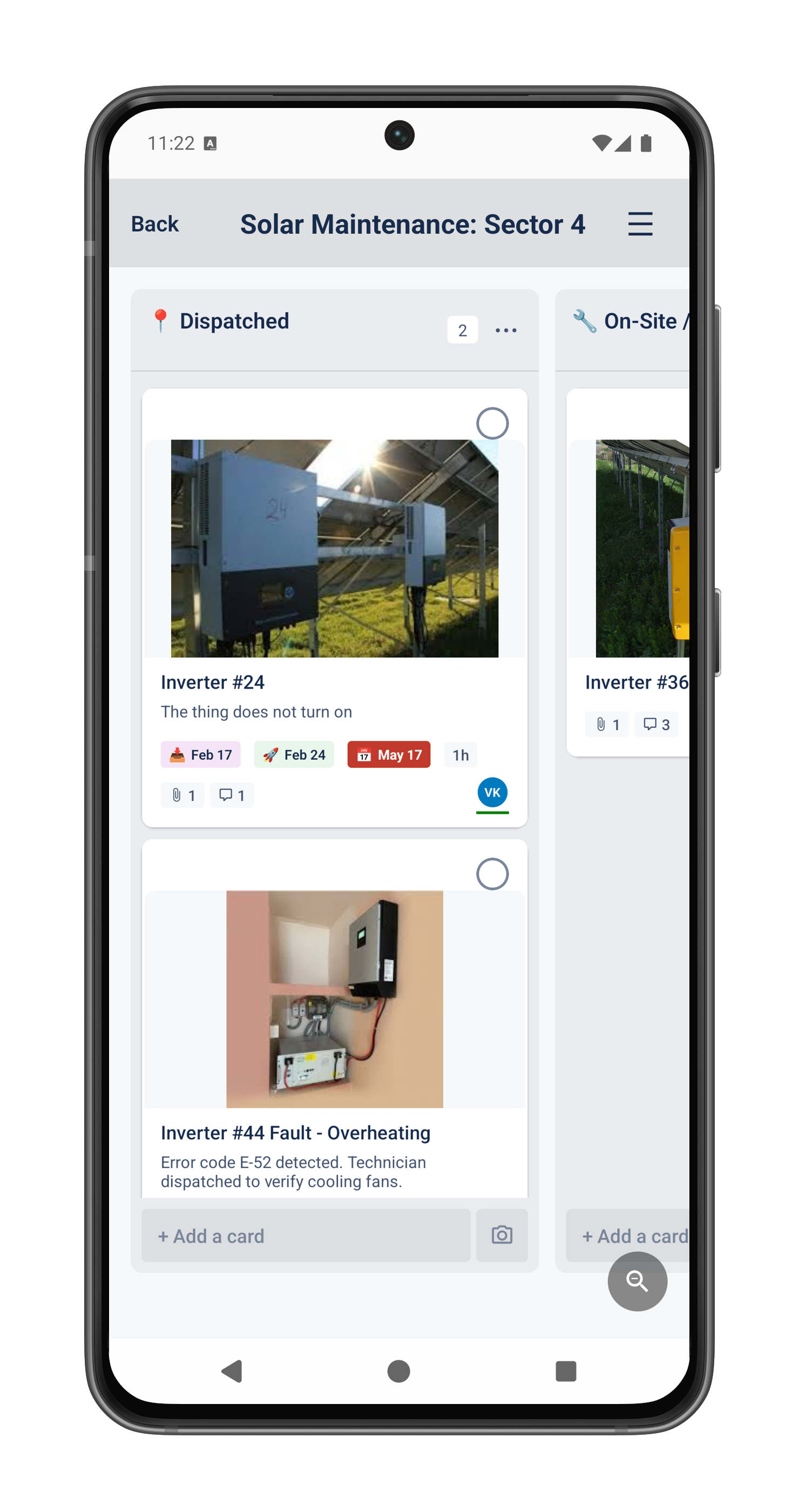 vKan board screen — Solar Maintenance: Sector 4